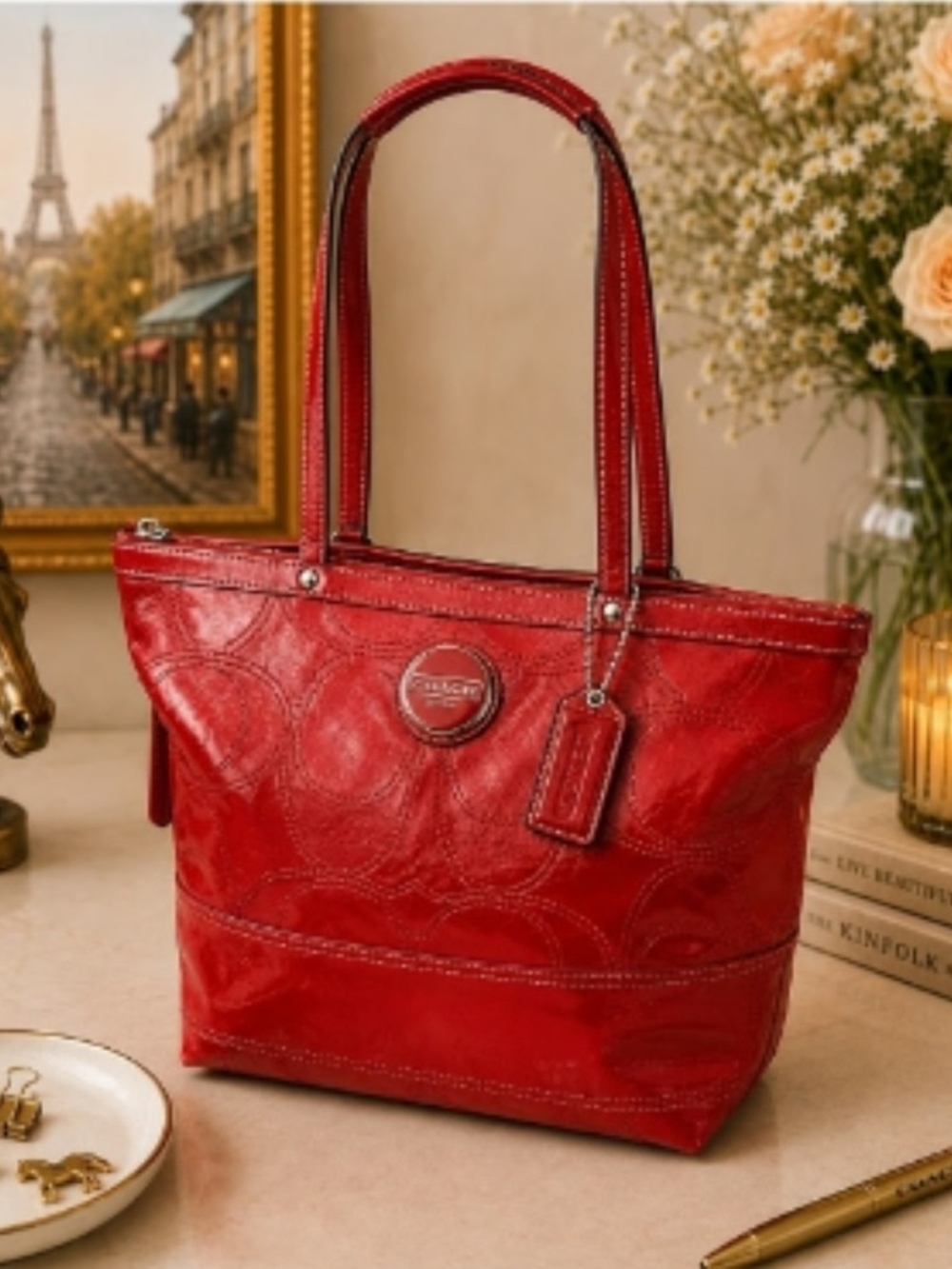 Coach Vintage Y2K Red Patent Leather Stitched Signature C Tote F15142